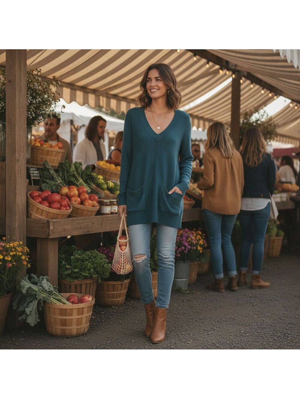 Free People Blue Deep V Neck Tunic Sweater Large
